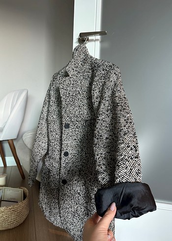 Kemerli,  Desenli Gri Kadın Kaban Blazer - Görsel 8