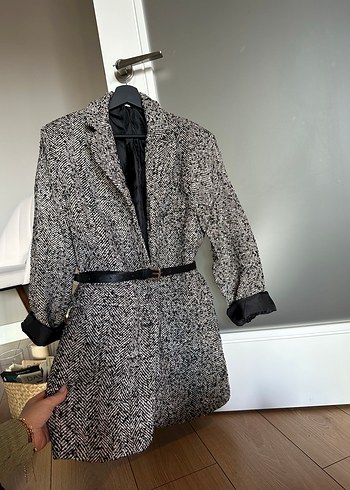 Kemerli,  Desenli Gri Kadın Kaban Blazer - Görsel 2