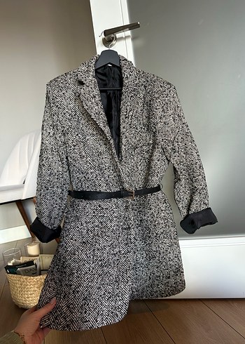 Kemerli,  Desenli Gri Kadın Kaban Blazer - Görsel 3