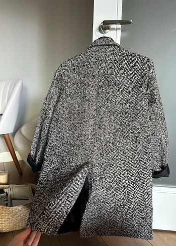 Kemerli,  Desenli Gri Kadın Kaban Blazer - Görsel 9