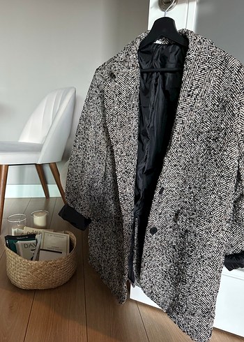 Kemerli,  Desenli Gri Kadın Kaban Blazer - Görsel 5