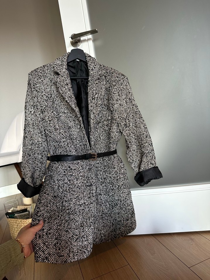 Kemerli,  Desenli Gri Kadın Kaban Blazer - Görsel 2