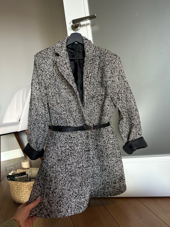 Kemerli,  Desenli Gri Kadın Kaban Blazer - Görsel 3