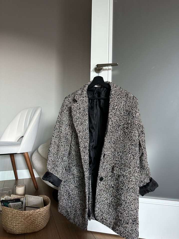 Kemerli,  Desenli Gri Kadın Kaban Blazer - Görsel 4