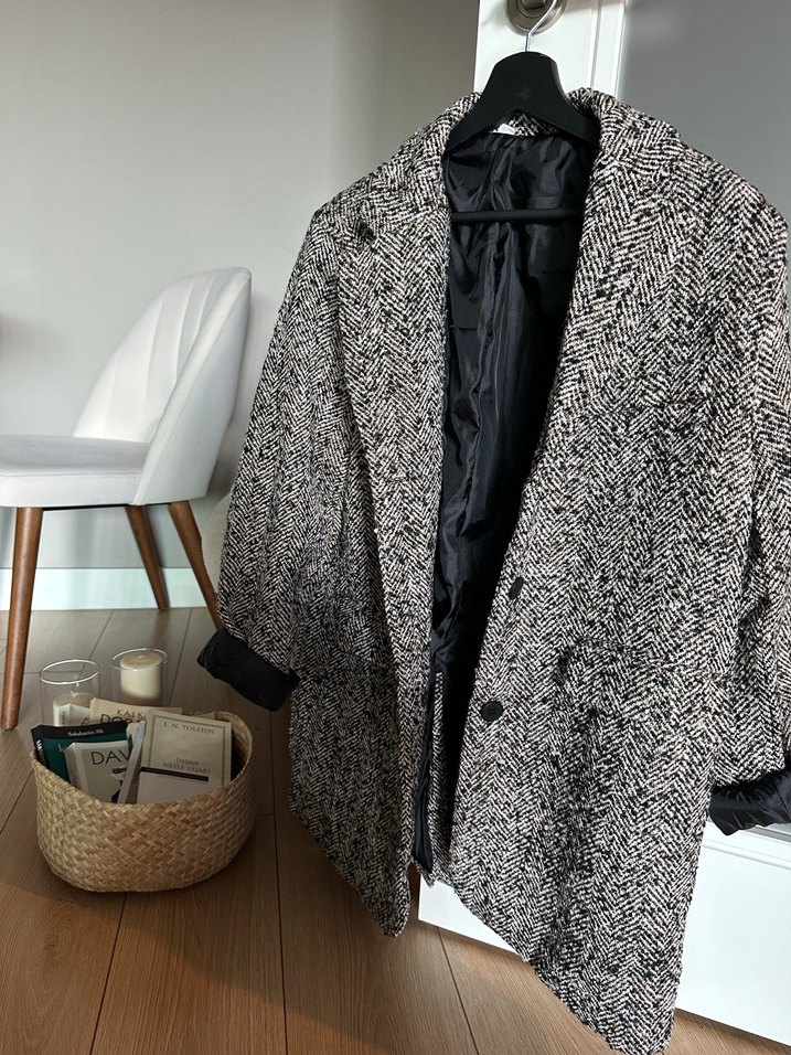 Kemerli,  Desenli Gri Kadın Kaban Blazer - Görsel 5