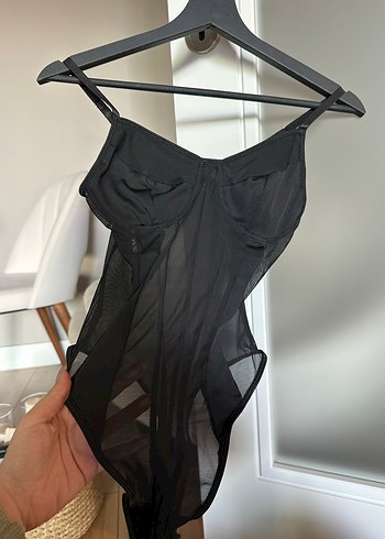 Drapeli Siyah Strappy Kadın Bodyüst - Görsel 3