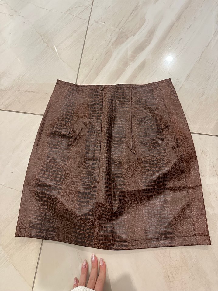 Kahverengi Yılan Derisi Desenli Deri Mini Etek - Görsel 2