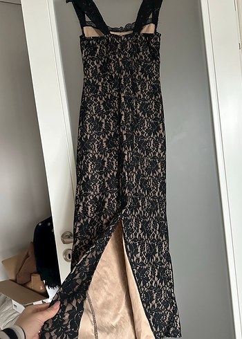 Dantel Detaylı Siyah Uzun Abiye Elbise - Görsel 7