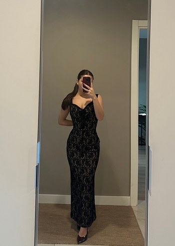 Dantel Detaylı Siyah Uzun Abiye Elbise - Görsel 11