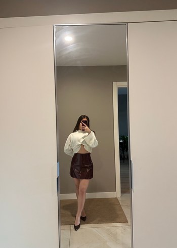 Bordo Deri Mini Etek - Görsel 3