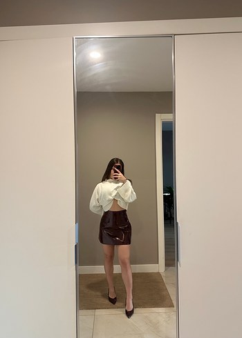 Bordo Deri Mini Etek - Görsel 2