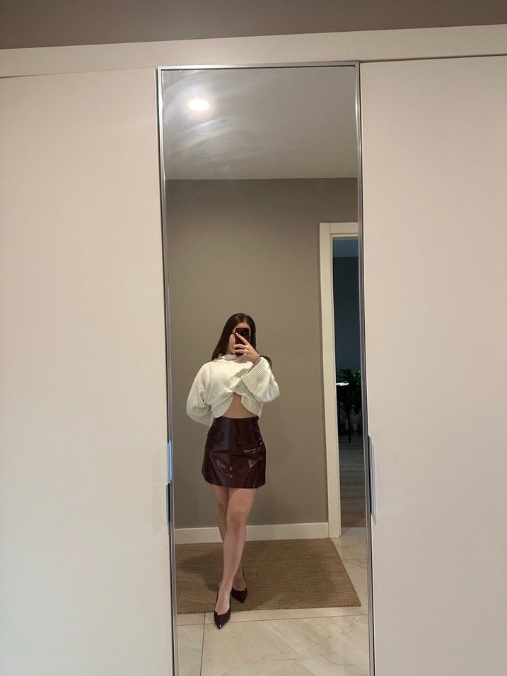 Bordo Deri Mini Etek - Görsel 3