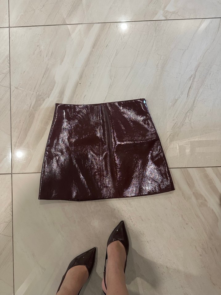 Bordo Deri Mini Etek - Görsel 4