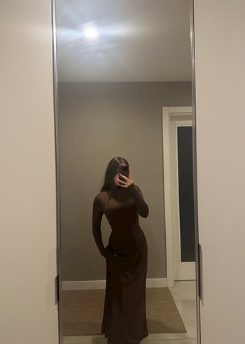 Kahverengi Uzun Kollu Korse Detay Kadın Elbise - Görsel 4