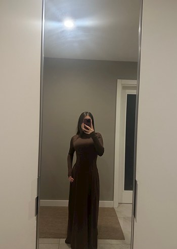 Kahverengi Uzun Kollu Korse Detay Kadın Elbise - Görsel 3