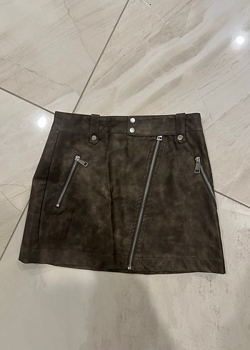 Haki Deri Kemerli Mini Etek - Görsel 2