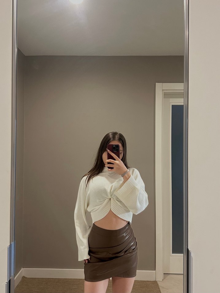 Kahverengi Deri Mini Etek - Görsel 3