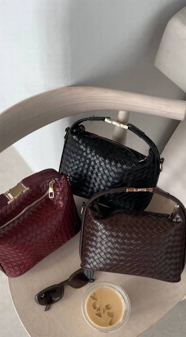 Kahverengi Deri Örgü Desenli Tokalı Kadın Çanta - Görsel 2