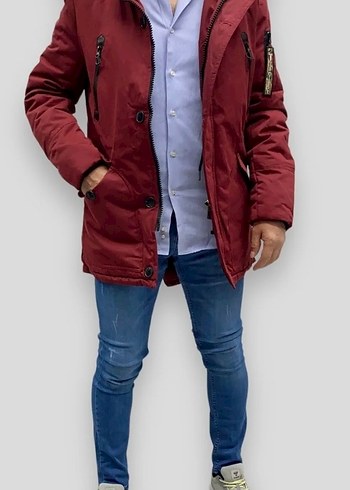 Bordo Kürklü Erkek Street Style Kaban - Görsel 4