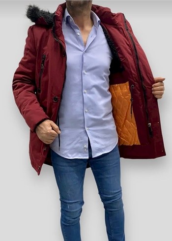 Bordo Kürklü Erkek Street Style Kaban - Görsel 3