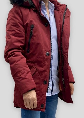Bordo Kürklü Erkek Street Style Kaban - Görsel 2