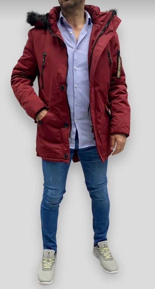 Bordo Kürklü Erkek Street Style Kaban - Görsel 4