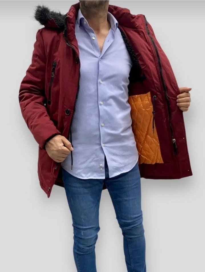 Bordo Kürklü Erkek Street Style Kaban - Görsel 3