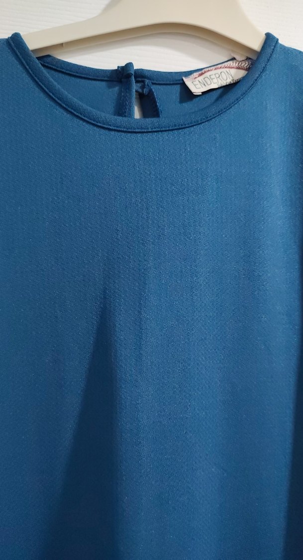 Uzun Kollu, Yüksek Yakalı Mavi Uzun Elbise - Görsel 2