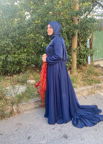 Uzun Kollu Lacivert Bohem Tesettür Abiye - Görsel 4