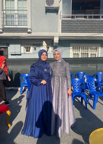 Uzun Kollu Lacivert Bohem Tesettür Abiye - Görsel 3