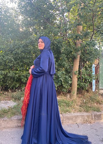 Uzun Kollu Lacivert Bohem Tesettür Abiye - Görsel 2