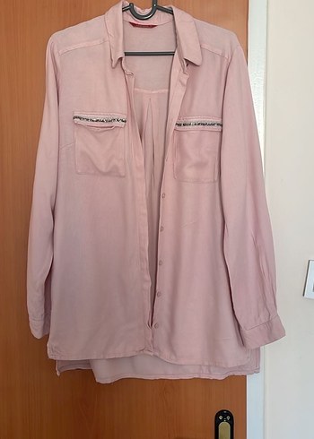 Pembe Uzun Kollu Düğmeli Kadın Gömlek - Görsel 2