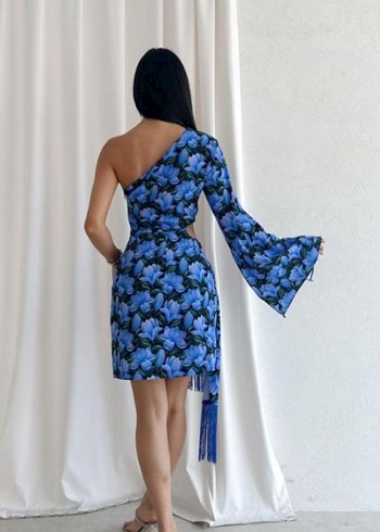 SIFIR Mavi Drapeli Tek Kollu Mini Elbise - Görsel 3