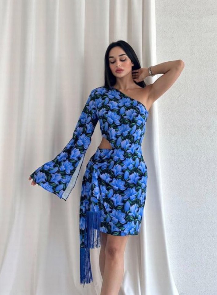 SIFIR Mavi Drapeli Tek Kollu Mini Elbise - Görsel 2