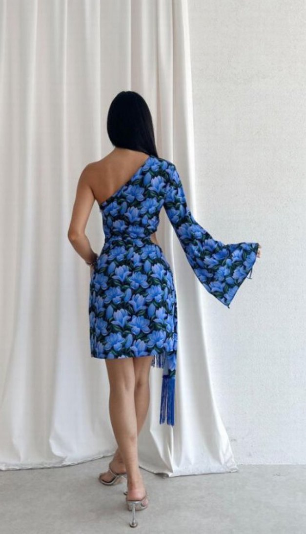 SIFIR Mavi Drapeli Tek Kollu Mini Elbise - Görsel 3