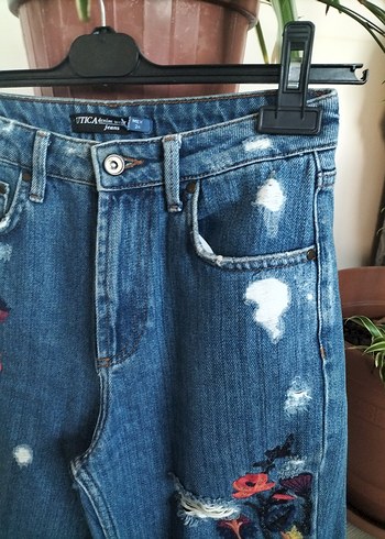 Nakışlı Düğmeli Mavi Denim Kadın Pantolon - Görsel 3