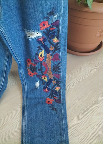 Nakışlı Düğmeli Mavi Denim Kadın Pantolon - Görsel 2