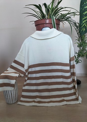 Çizgili Kahverengi-Beyaz Triko Kadın Kazak - Görsel 3