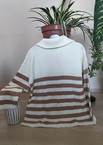 Çizgili Kahverengi-Beyaz Triko Kadın Kazak - Görsel 5