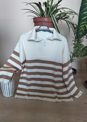 Çizgili Kahverengi-Beyaz Triko Kadın Kazak - Görsel 4