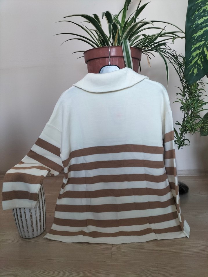 Çizgili Kahverengi-Beyaz Triko Kadın Kazak - Görsel 5