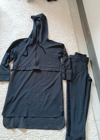 Kadın Siyah Kapüşonlu Kemerli Uzun Eşofman Takımı - Görsel 4