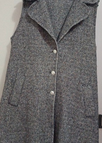 Düğmeli Gri Uzun Kadın Yün Süveter - Görsel 2