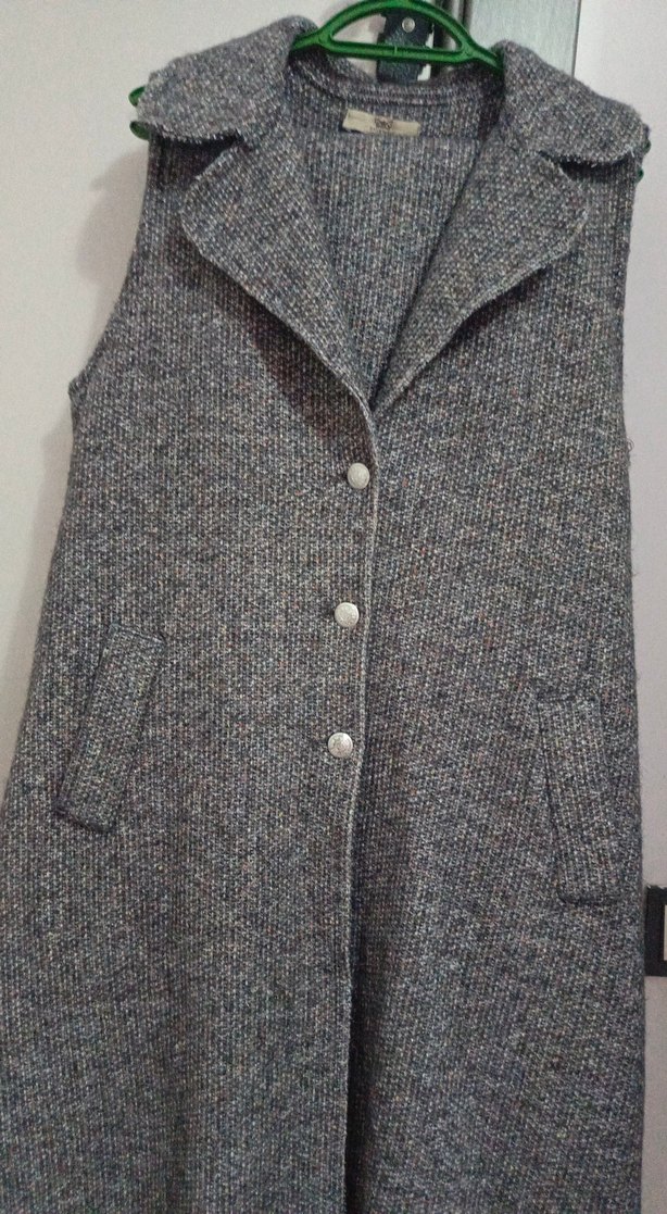 Düğmeli Gri Uzun Kadın Yün Süveter - Görsel 2