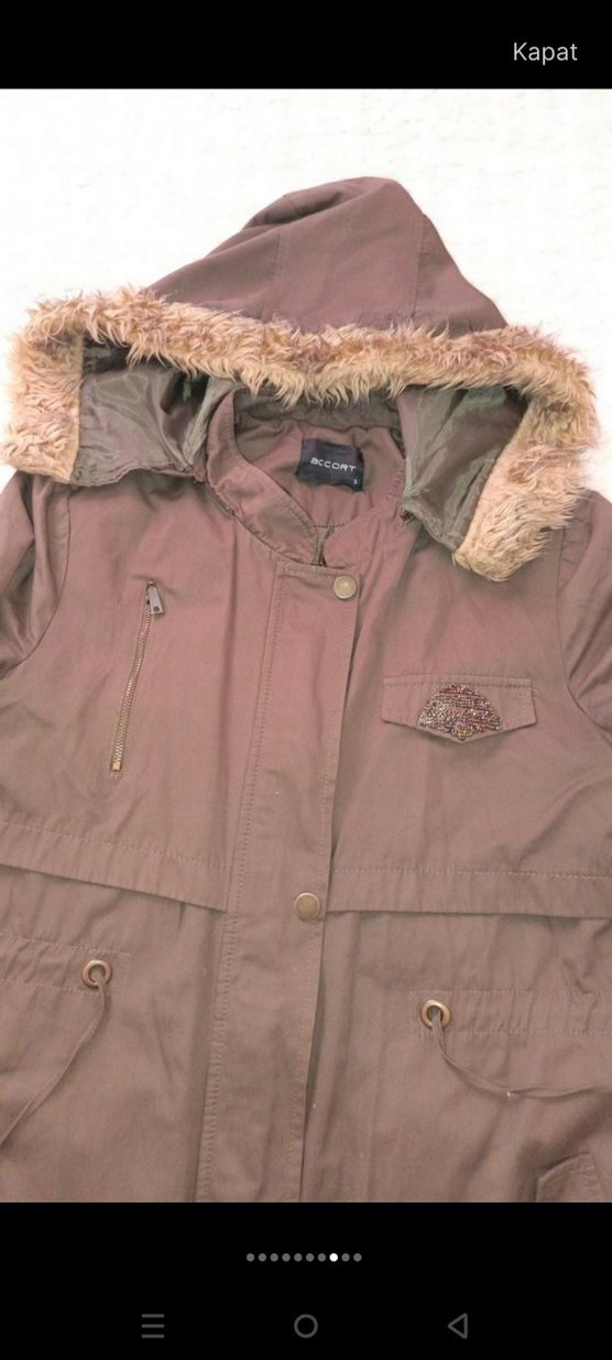 Kahverengi Uzun Kadın Ceket Kürklü Kapüşonlu - Görsel 5