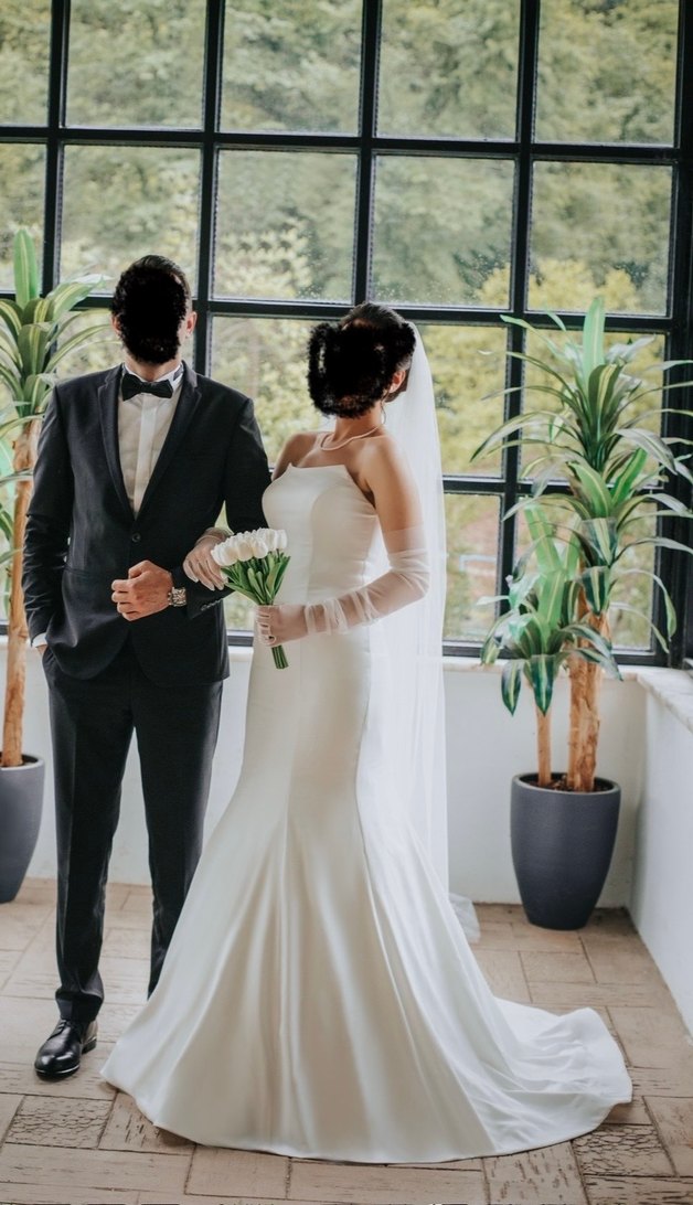 Modern Klasik Straplez Beyaz saten Gelinlik - Görsel 2