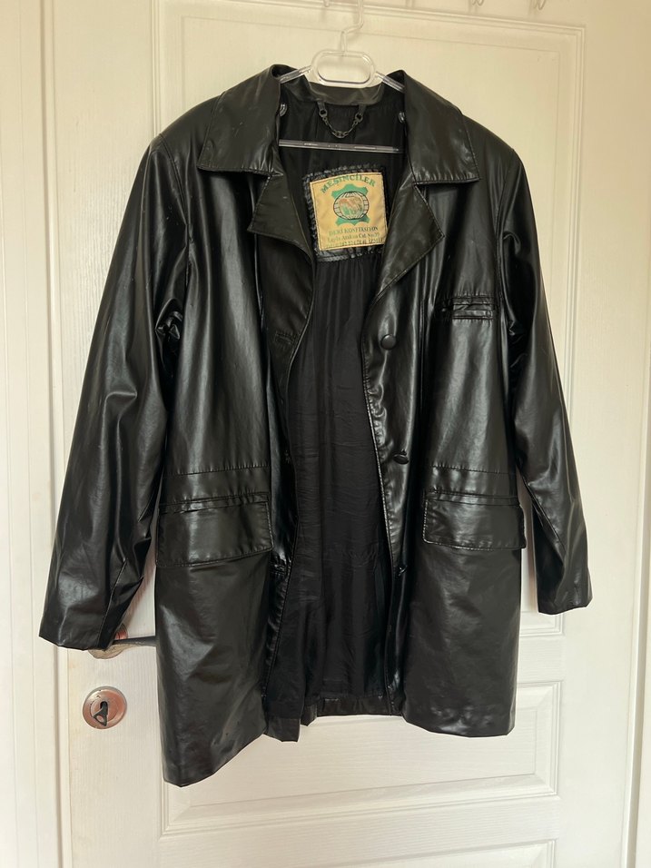 Siyah Parlak Gerçek Deri Vintage Ceket - Görsel 3