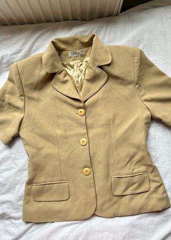 Bej Kısa Kollu Keten Vintage Blazer Ceket - Görsel 4