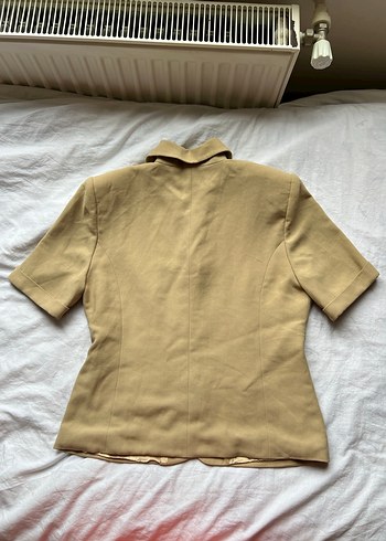 Bej Kısa Kollu Keten Vintage Blazer Ceket - Görsel 5