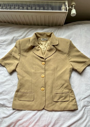 Bej Kısa Kollu Keten Vintage Blazer Ceket - Görsel 2